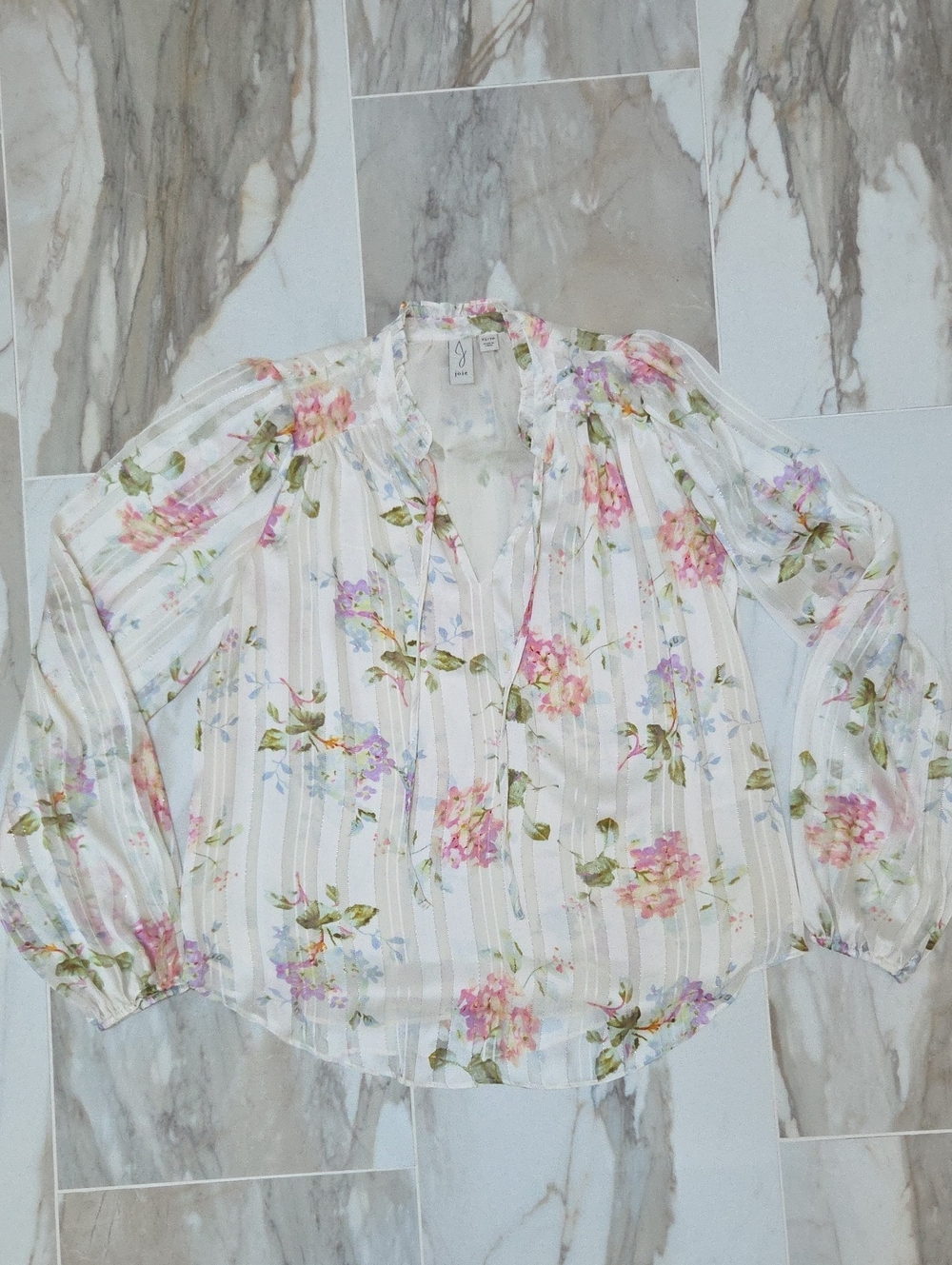 Joie White Floral Ruffle-Neck Blouse with Pink & Green Accents